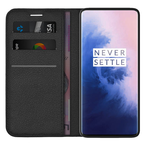 Leather Wallet Case & Card Holder Pouch for OnePlus 7 Pro - Black